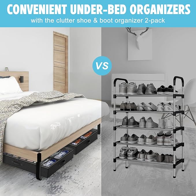 Under Bed Shoe Storage Organizer for Closet, Fits 32 Pairs Underbed Shoes Box Storage Containers Under the Bed Storage Foldable with Sturdy Handles&Clear Window for College Dorms Black, Set of 2