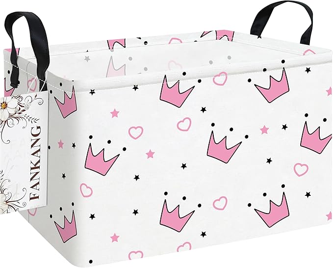 FANKANG Storage Bins, Nursery Hamper Canvas Laundry Basket Foldable with Waterproof PE Coating Large Storage Baskets for Kids Boys and Girls, Office, Bedroom, Clothes,Toys(Rec-pink crowns)