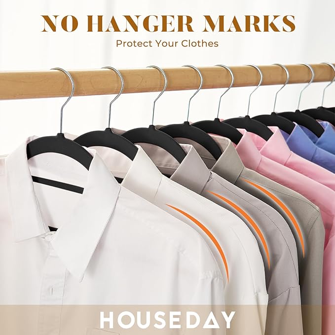 HOUSE DAY Velvet Hangers 60 Pack, Non-Slip Hangers with Tie Bar, Premium Slim Clothes Felt Hanger Standard Hanger 360° Swivel Hook for Closet Organized Storage，Elegance Black