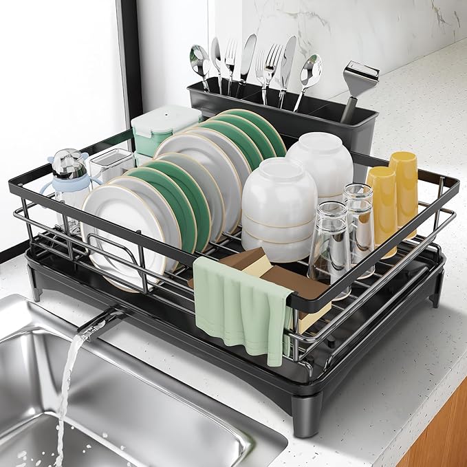 Dish Drying Rack for Kitchen Counter - Large Dish Rack with Removable Drainboard & Utensil Holder, Rustproof Metal Dish Drainer for Kitchen Sink