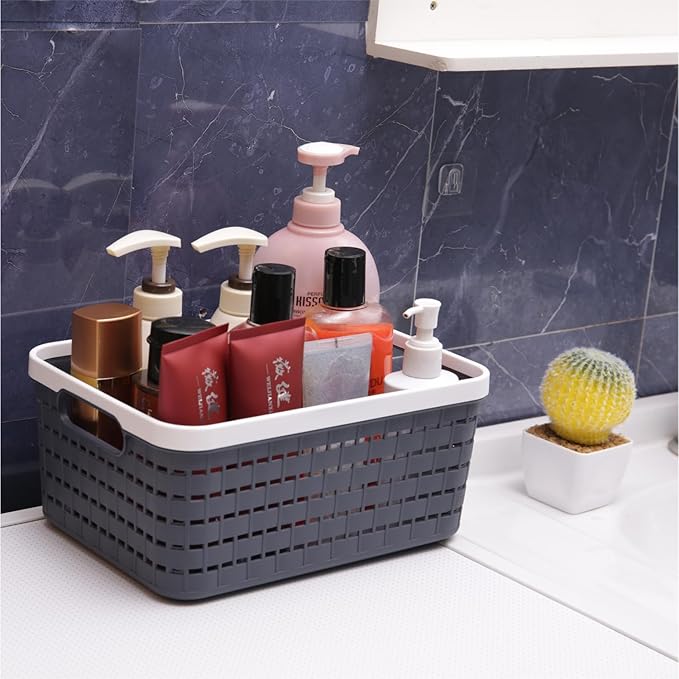 Plastic Storage Bin Baskets, Toilet Paper Basket for Bathroom, Plastic Organizer Shower Caddy with Handles for Living Room (Small Grey 2 pack)