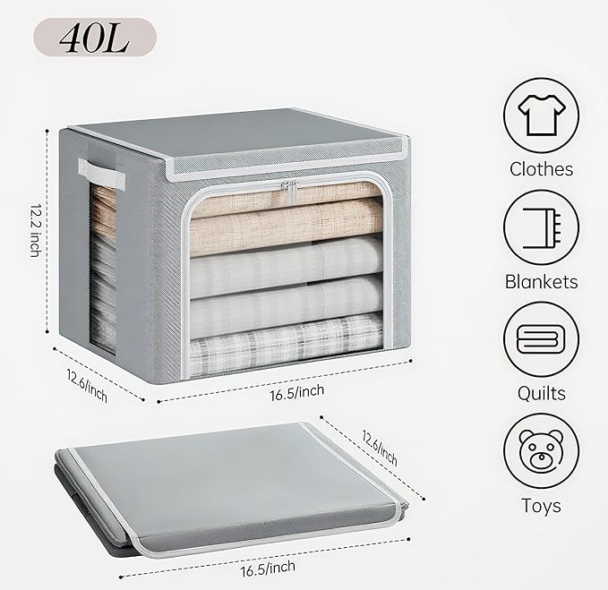 Yecaye Clothes Storage Bins with Metal Frame, Foldable Clothing Storage Bin with Lid, Stackable Oxford Fabric Organizer Box With Clear Window & Zippers & PU Leather Handles (4 Pack,Grey,40L)