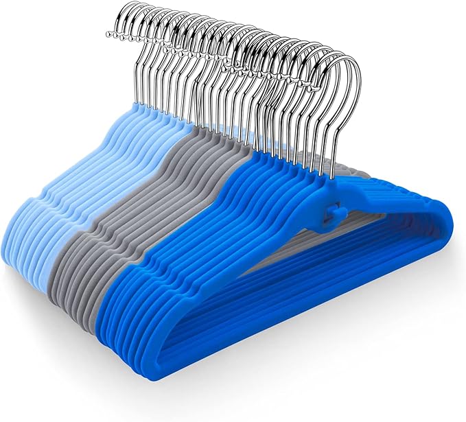 Pack of 30 Kids Velvet Hangers, Non-Slip Space-Saving with Cascading Mini Hooks, Multi-Color (Navy Blue, Light Blue and Grey) Baby and Toddler Clothes Organization