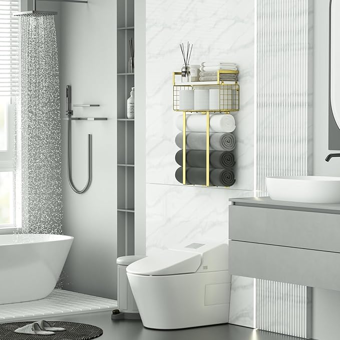 Towel Racks for Bathroom, Bathroom Shelf Over Toilet,Floating Shelves with Towel Rack Paper Holder Storage Basket,Floating Shelves for Wall Decor,Gold