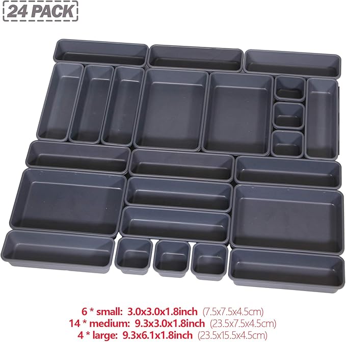 Set of 24 Interlocking Desk Drawer Organizer Tray Dividers Plastic Shallow Narrow Drawers Organizers Separators Storage Bins Container for Kitchen Bathroom Makeup Office Vanity Bedroom Dresser