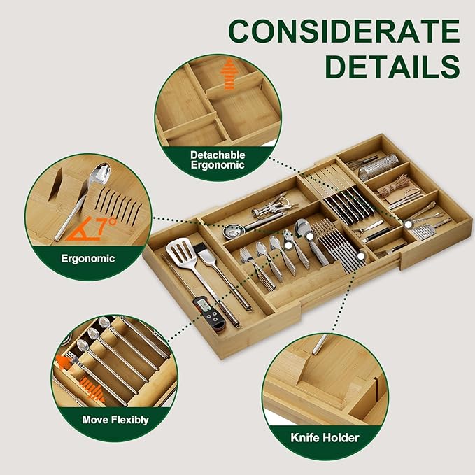 Bamboo Silverware Drawer Organizer, 17.7-29.5 Inch Expandable Large Kitchen Drawer Organizer, 5-8 Slot Flatware with Removable Card Slots & Knife Block for Spoon Butter Knive, Natural