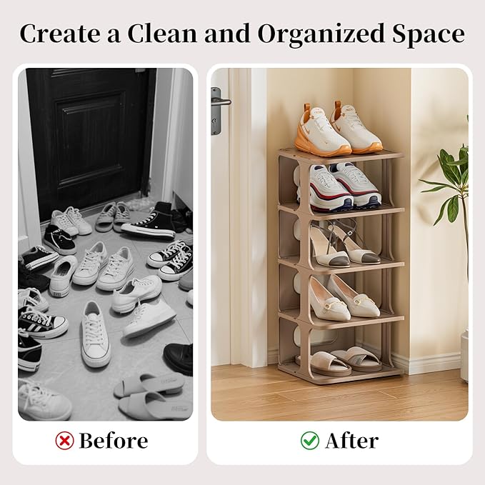 HAIXIN Small Shoe Rack for Closet, 5-Tier Stackable Shoe Organizer for Front Door Entrance, Plastic Vertical Shoe Cubby - Khaki