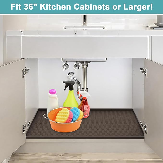 Under Sink Tray for Kitchen Waterproof, Silicone Under Kitchen Sink Mats and Protectors for 34" x 22" Cabinets, Under Sink Tray Organizer, Shelf Liner Cabinet Liner for Bathroom, Brown