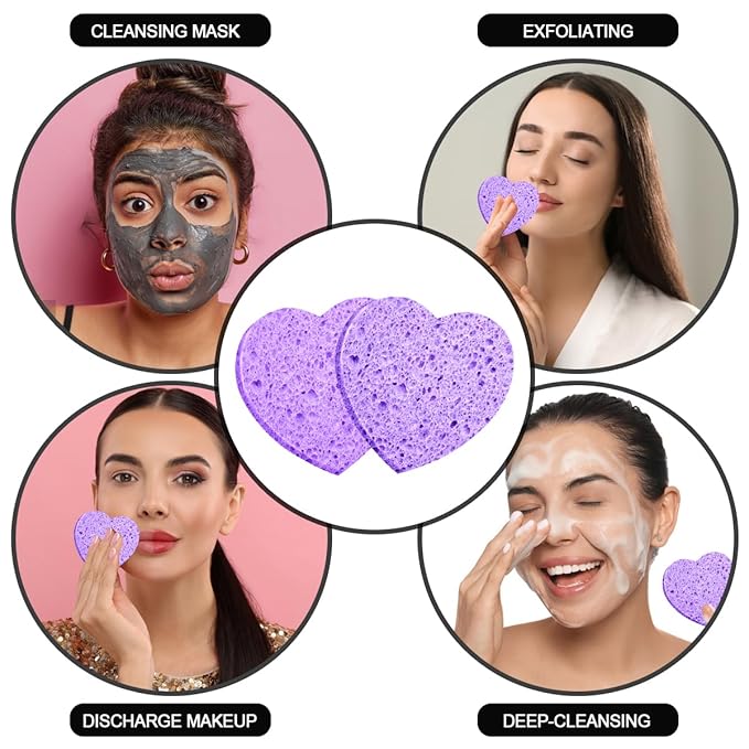 100-Count Compressed Facial Sponges for Estheticians Heart Shape Natural Cellulose Sponge Professional Cosmetic Spa Sponges for Face Cleansing, Massage, Pore Exfoliating, Mask, Makeup Removal, Purple