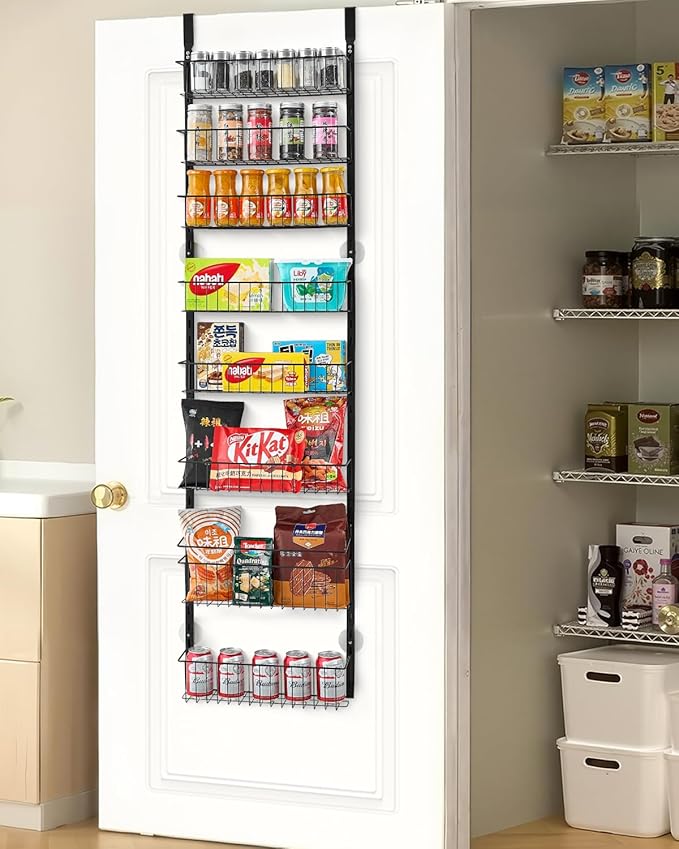 VEVOR Over the Door Pantry Organizer, 8-Tier Pantry Organization and Storage, Heavy-Duty Steel Hanging Spice Rack, Adjustable Wall Seasoning Shelves, for Home Kitchen Laundry Room Bathroom, Black