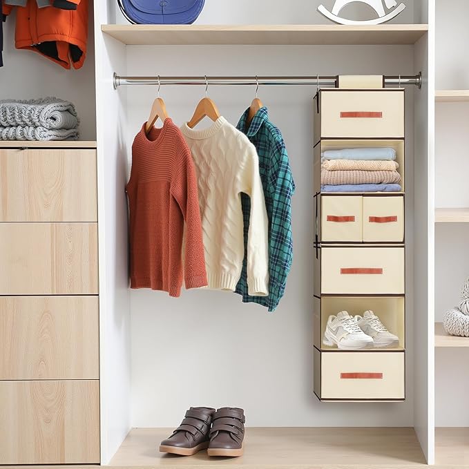 Hanging Closet Organizer 6-Shelf, Upgrade Hanging Shelves for Closet with 5 Removable Drawers & Side Pockets, Hanging Shelf Organizer for Bedroom or Garment Rack, 12.6'' x 12.6'' x 44.1'', Beige