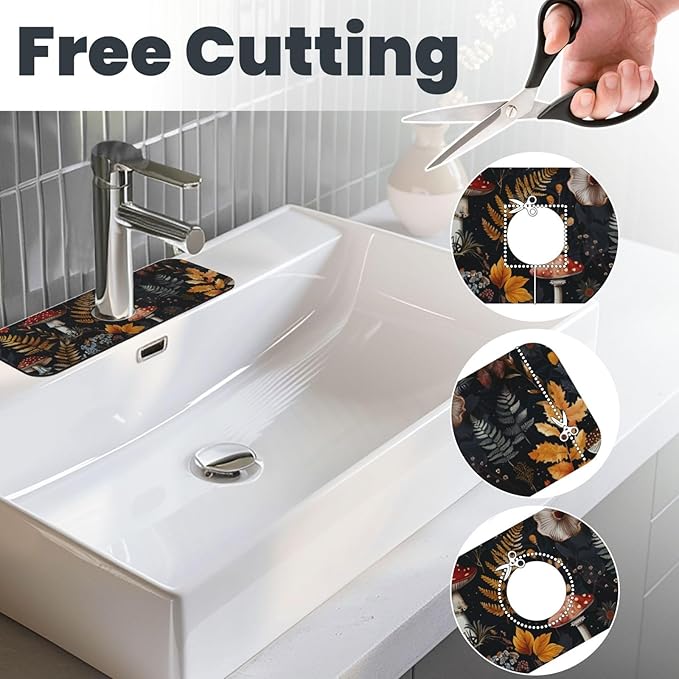 Faucet Draining Mat For Kitchen Sink, Mushrooms Ferns Wildflowers Diatom Mud Absorbent Drain Pad For Bathroom Kitchen Sink Splash Guard Drying Mat