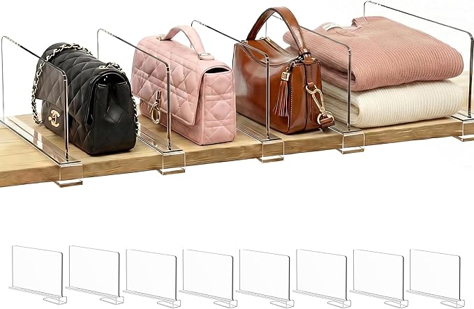 Shelf Dividers Purse Organizer for Closet: 6-inch Tall(Shorter Version) Acrylic Handbag Organizer - Small Space Separator for Clutches Evening Bags Pouches Mini-Bags on Wood Shelves 8-Pack