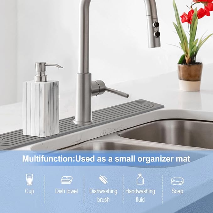 Stone Faucet Mat for Kitchen Sink- 15.6''x 3.9''Diatomite Fast-Drying Faucet Mat, Super Water Absorbing Stone Tray for Sink,Faucet Splash Guard for Bathroom Counter (Dark Gray)