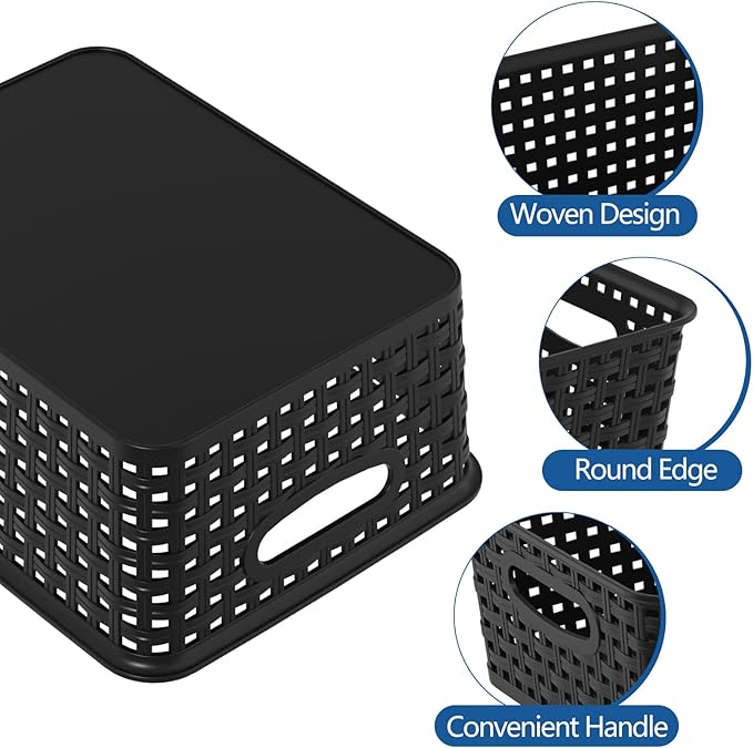 6 Packs Plastic Woven Baskets, Small Plastic Storage Basket, Black