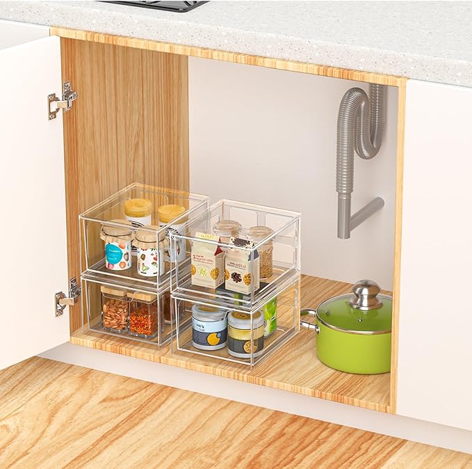 2 Pack Stackable Plastic Makeup Organizer Drawers, Acrylic Organizers, Clear Storage Bins with Pull-Out Handles for Vanity, Kitchen Cabinets, Pantry