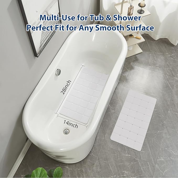 Webos Silicone Bath Mat with Suction Cups – Non-Slip Foldable Bathtub & Shower Mat, Durable & Quick-Dry Safety Tub Mat with Large Drain Holes for Families 28"x 14" White