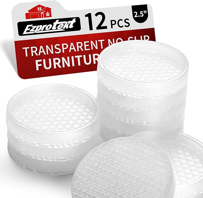 Ezprotekt Non Slip Furniture Pads, 12 Pcs 2.5" Anti Skid Rubber Caster Cups, Round Furniture Coasters for Hardwoods Floors, Anti-Slip Grippers, Furniture Stoppers to Prevent Sliding (Clear)