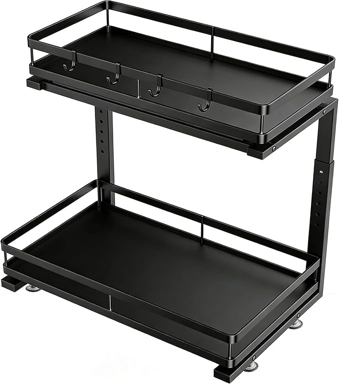 2 Pack Under Sink Organizers and Storage, Heavy Duty Metal Pull Out Cabinet Organizer with Ball-Bearing Slides, Height Adjustable L-Shaped Shelf for Kitchen & Bathroom (2-Pack)