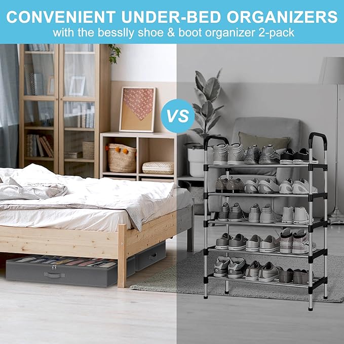 Under Bed Shoe Storage Organizer for Closet, Fits 32 Pairs Underbed Shoes Box Storage Containers Under the Bed Storage Foldable with Sturdy Handles&Clear Window for College Dorms Light Grey, Set of 2