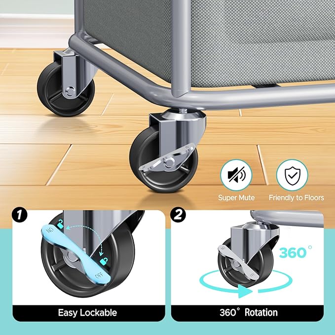 JYPS Laundry Basket With Wheels, 150L Large Rolling Hamper W/Metal Frame & Removable Bag, Waterproof Oxford Fabric, 2 Side Bags, Dirty Clothes Storage Cart For Laundry Room, Dorm, Bedroom, Bathroom