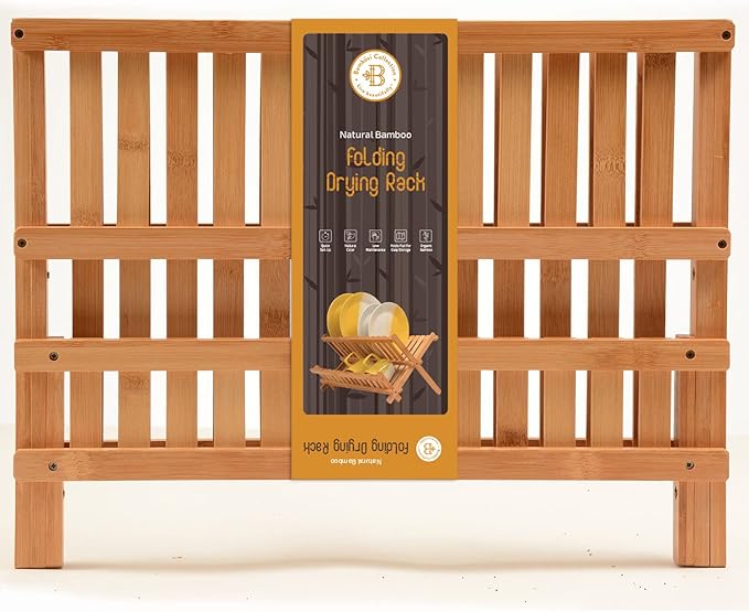 Dish Drying Rack - Bamboo Dish Rack for Kitchen Counter, Collapsible 2-Tier Wooden Drying Rack for Dishes, Plates, Cups, Utensils - Foldable Dish Drainer, Space-Saving Kitchen Drying Rack Organizer