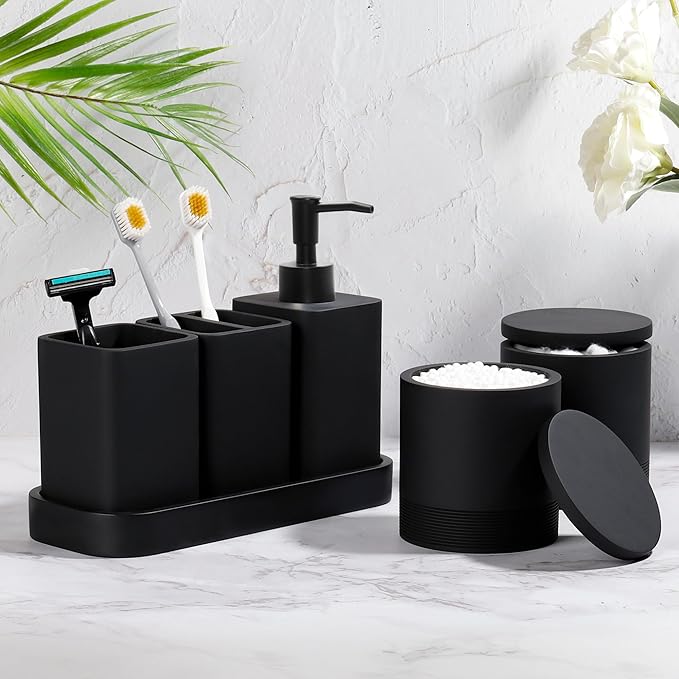 Bathroom Accessories Set, 6 Piece Bathroom Set with Toothbrush Holders, Soap Dispenser, Vanity Tray, Tumbler, Cotton Swab Jars, Bathroom Organizer，Bathroom Sink Sets, Matte Black