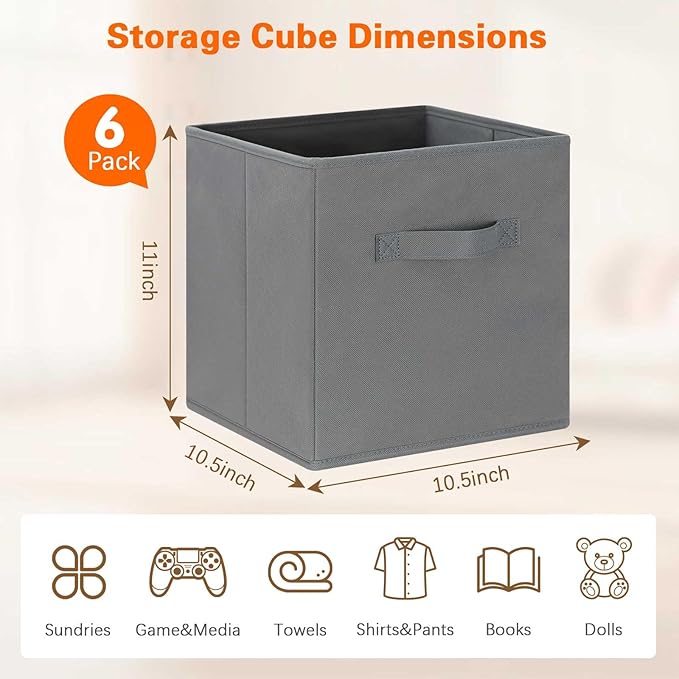 GhvyenntteS Storage Cubes, 11 Inch Cube Storage Bins with Dual Handles, Collapsible Fabric Storage Bins for Shelves, Storage Baskets for Organizing Clothes, Bedding, Toys, Books (6 Pack, Gray)