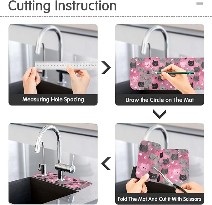 Watercolor Pink Cat Faces Paw Print Sakura Hearts Kitchen Sink Splash Guard Sink Faucet Mat Faucet Handle Drip Catcher Drain Mats for Kitchen Bathroom Countertop Absorb