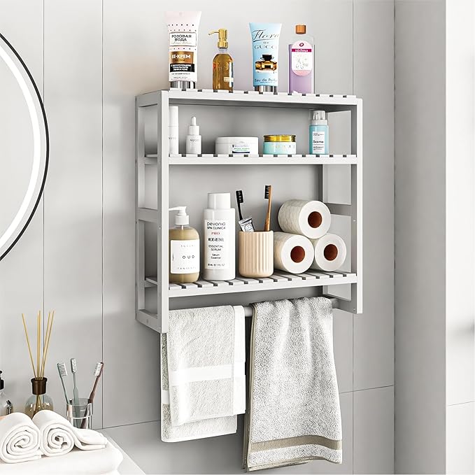 Over The Toilet Storage Bathroom Shelves Wall Mounted 3 Tier Space Saver Corner Shelf Organizer Bamboo Towel Rack Toilet Paper Cabinet with Hanging Rod White