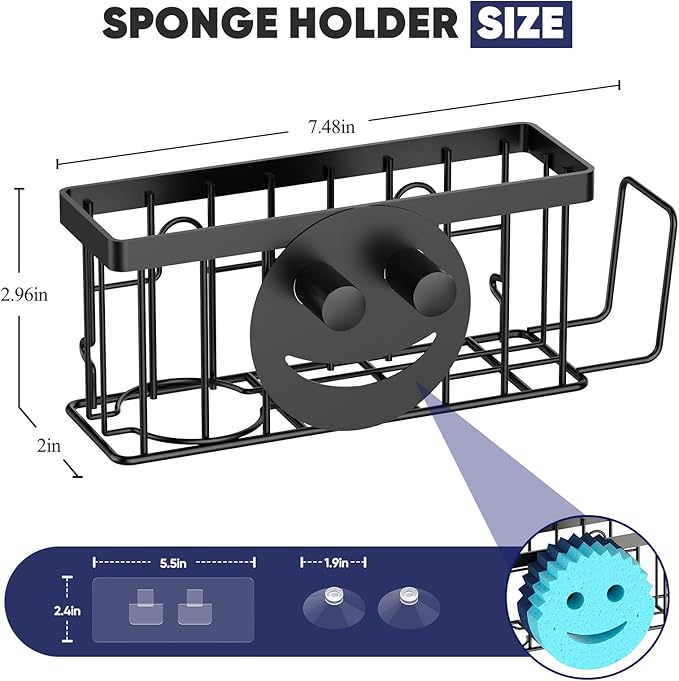 Sponge Holder for Kitchen Sink,Sink Caddy Smiley Face,4-in-1 Sponge Holder with Suction Cups & 1 PCS Adhesive Strips for Holding Soap,Brush,Scrubber,Sponge,Stopper-Black