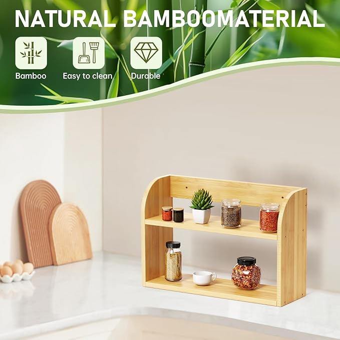 2 Tier Bamboo Spice Rack, Countertop or Wall Mounting Wood Spice Jars Organizer Shelf for Kitche, Pantry (Natural)