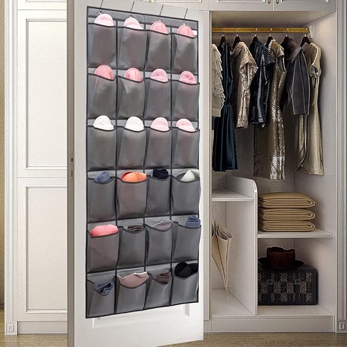 ANIZER Over The Door Hanging Shoe Organizer Shoe Rack Hanger 24 Large Fabric Pockets Holder with 4 Sturdy Hooks (GREY)