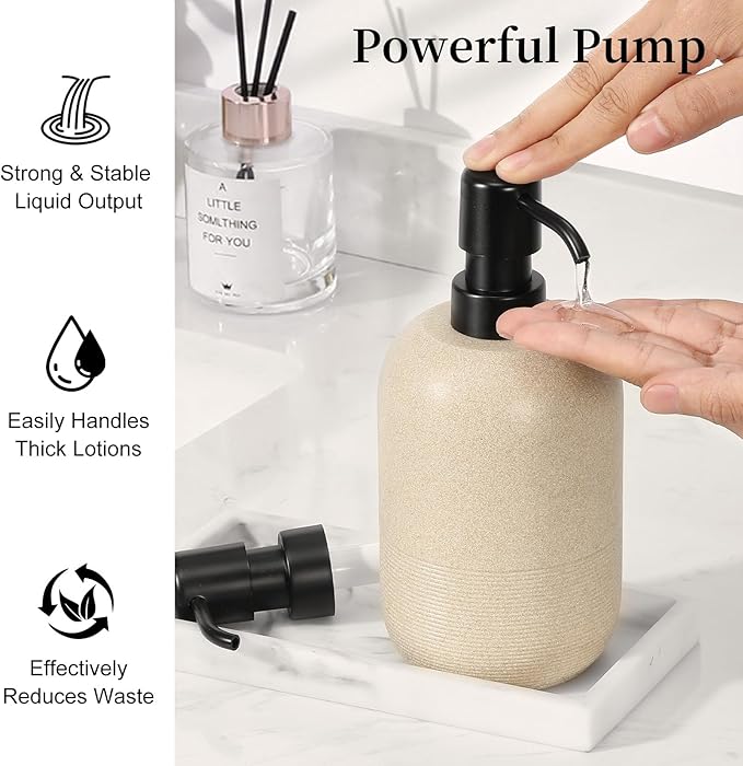 Luxspire 2 Set Soap Dispenser Cylinder-Shaped Resin and Gravel Liquid Soap Dispenser with Pump, 450ml Shampoo Container, Decorative Hand Soap Bottle for Bathroom, Kitchen and Hotel, Beige