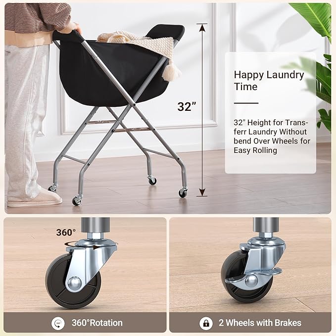 ELYKEN Laundry Cart with Wheels, 32”H Easy Rolling Laundry Hamper with Removable Liner Bag, Sturdy Metal Frame Clothes Basket with 4 Casters and 2 Brakes