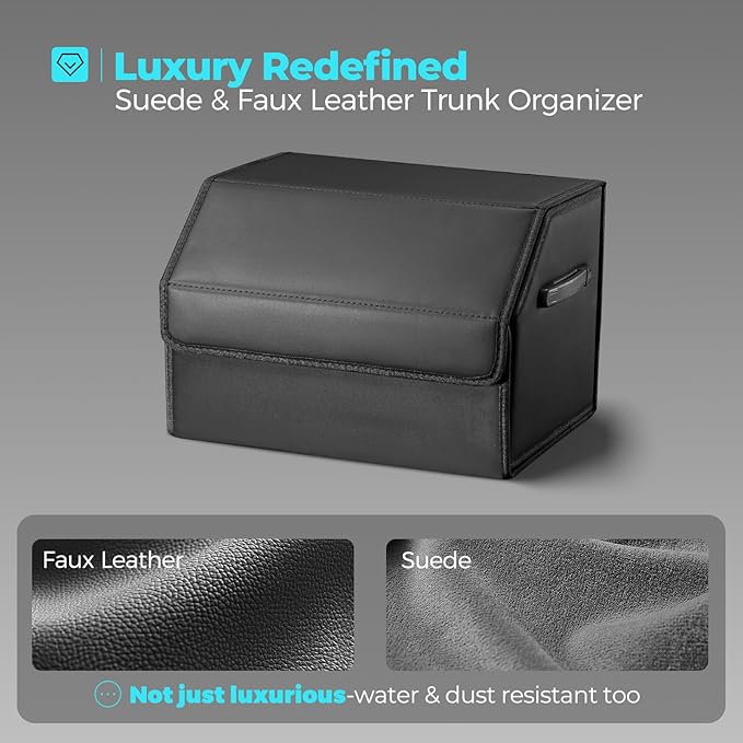 Car Organizers for Trunk for Suv Sedan, Leather Storage Box,Magnetic Lid,Collapsible and Adjustable,16.5 inches
