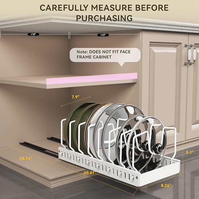 Pots and Pans Organizer Under Cabinet, Pull Out Pots and Pans Organizer, Under Cabinet Pot Lid Holder, Sliding type Pots and Pans Storage for Pot Lid, Bakeware, Dishes, 10 Adjustable Dividers