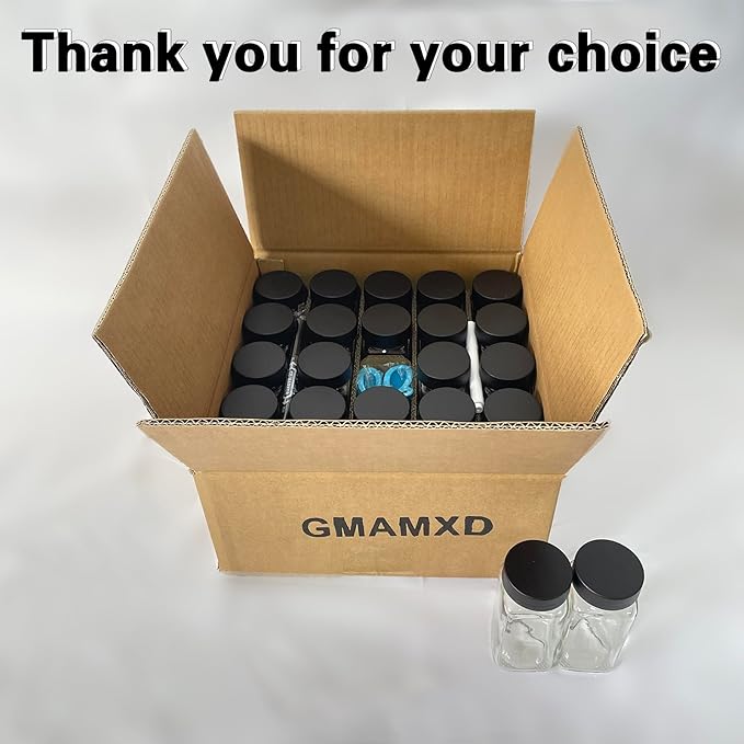 24 Glass Spice Jars with Labels,Spice Jar Set,4oz Seasoning Containers,Spice Containers with Black Airtight Lids and Shaker Lids,Square Empty Spice Bottles, 492 Labels,1 Funnel