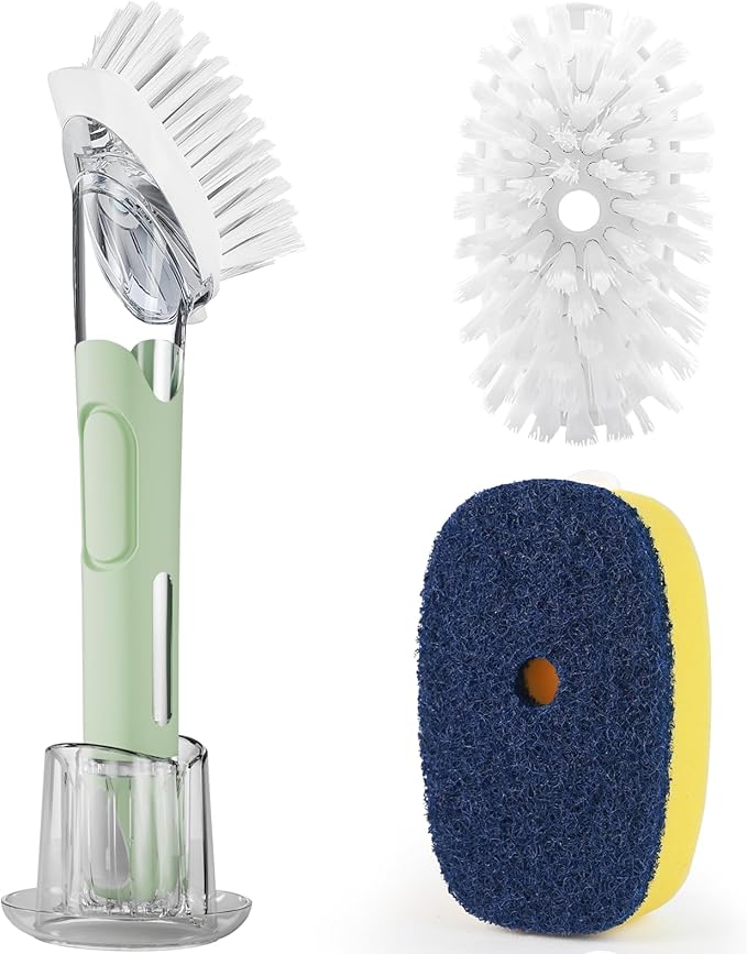 Dish Brush with Soap Dispenser Storage Set with 2 PCS Brush Refills & Holder, Dish Scrubber with Soap Dispenser, Dish Soap Brush, Dish Wand with Soap Dispenser for Dishes, Pans, Sink, Pots(Green)