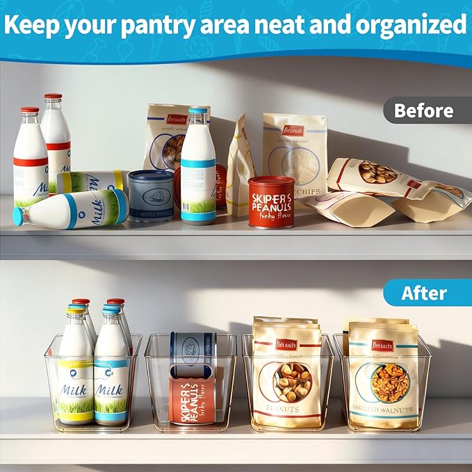 KJIXYUNG Clear Pantry Organizer Bins, Storage Containers & Plastic Containers with Handle, Cabinet Organizer, Home Organization Must Haves for Kitchen, Laundry Room, Office, Closet & Freezer (6 Pack)