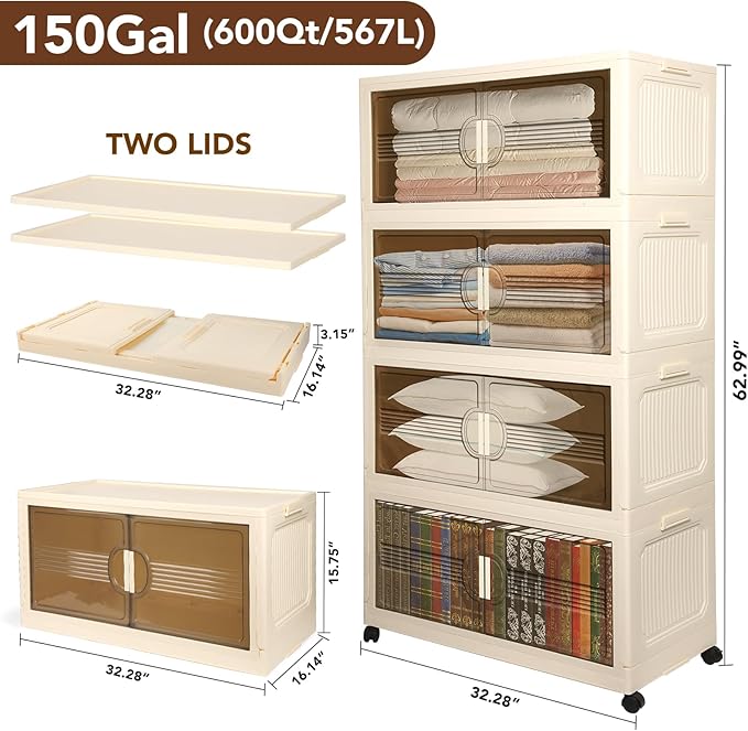 4 Packs 600 QT Stackable Storage Bins with Lids 150 Gal Storage Bins Closet Organizers and Storage Plastic Storage Bins Collapsible Storage Box with Wheels for Bedroom Living Room Dorm Office