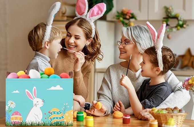 Rectangular Easter Eggs Basket Empty,Easter Storage Bin with Handles,Baby Room Decor,Gift Basket(Blue Easter Eggs)