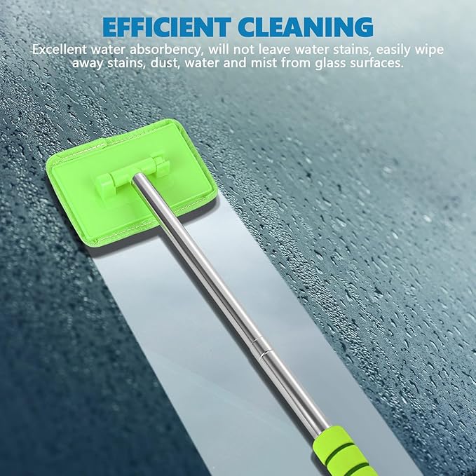 Car Windshield Cleaning Tool, Car Windshield Window Cleaner, Auto Glass Wiper Tool with Extendable Handle & Reusable Microfiber Pad, Universal Vehicle Cleaning Car Accessories (Green)