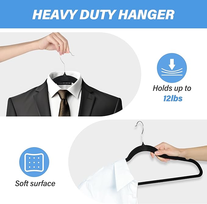 YSSOA Heavy Duty Velvet Hangers 50 Pack, 360° Swivel Hooks, Non-Slip Clothes Hangers with Shoulder Notches, Black