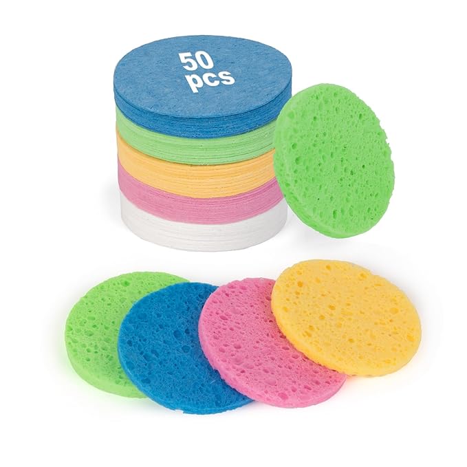 50-Count Compressed Facial Sponges,100% Natural Cellulose Cosmetic Make Up Sponges for Face Daily Facial Cleansing,Exfoliating,Makeup Removal(Multicolor)