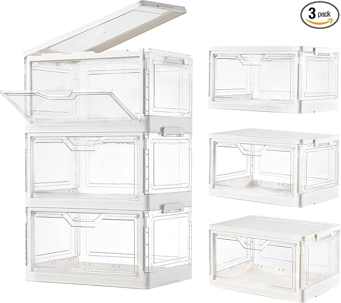 Storage Bins with Lids 3 Pack Clear Stackable Plastic Closet Organizers Containers w/Magnetic Door Box for Wardrobe Bedroom Office Dorm