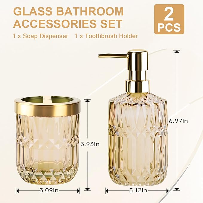 Glass Bathroom Accessories Set, 2PCS Clear Glass Bathroom Accessory, Toothbrush Holder and Soap Dispenser Set for Modern Bathroom Decor(Brown)