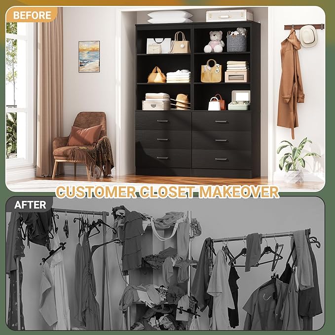 Aheaplus Closet Drawers Organizer System, 3.54FT Wood Closet System with 4 Drawers, Modular Walk-in Closets Storage Unit, Tall Bookshelf Storage Cabinet, Black (2 Packs)