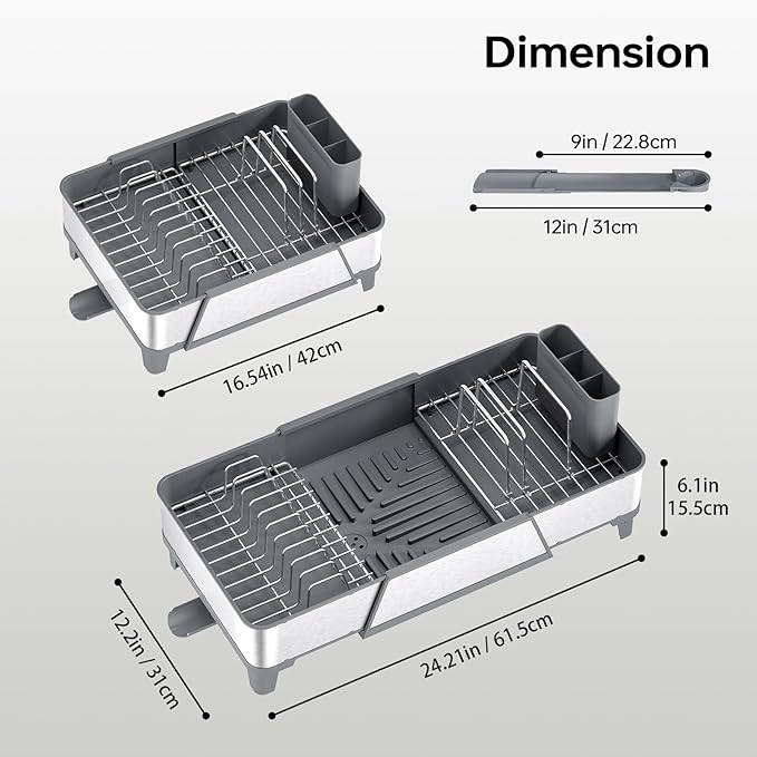 Large Dish Drying Rack - Triple Expandable Dish Rack for Kitchen Counter, Stainless Steel Sink Organization and Storage Essentials with Utensil & Pans Holder for Home and Appartment, Gray
