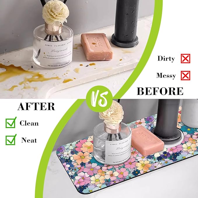 Sink Faucet Absorbing Mat Cute Flowers Sink Splash Guard Drying Mat for Kitchen Bathroom Faucet Sinkmat 15.5"X5.5"